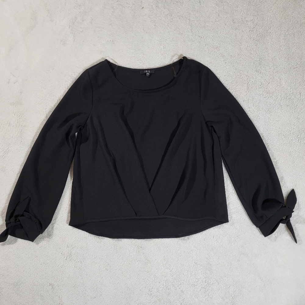 IRIS Black Long Sleeve Wrap Blouse with Tie in Sleeves end - Size Large